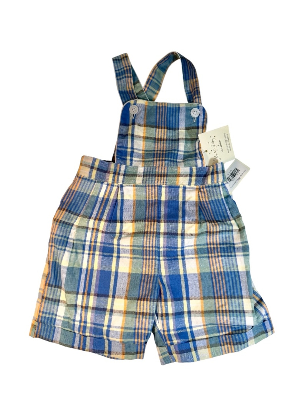 NWT Rachel Riley London Designer Plaid Overall Shorts Sz 12 Mo.